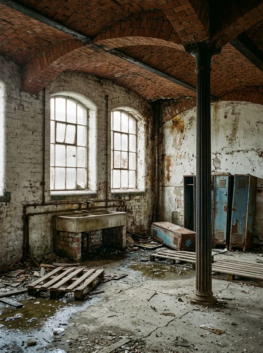 Before (AI concept): A ground-floor corner under a vaulted brick ceiling on iron beams, with a cast-iron column on the right, two tall arched windows, an old stone sink on brick legs, rusty pipes, tipped-over metal lockers, broken pallets and a flooded concrete floor.