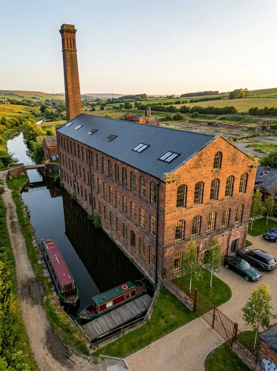 After (AI concept): The same mill from the same height with a complete slate roof and flush skylights, restored arched windows, cleaned brick, the chimney intact, two narrowboats and a timber pontoon on the canal, and a gravel courtyard with lawn, young birch trees and parked cars.