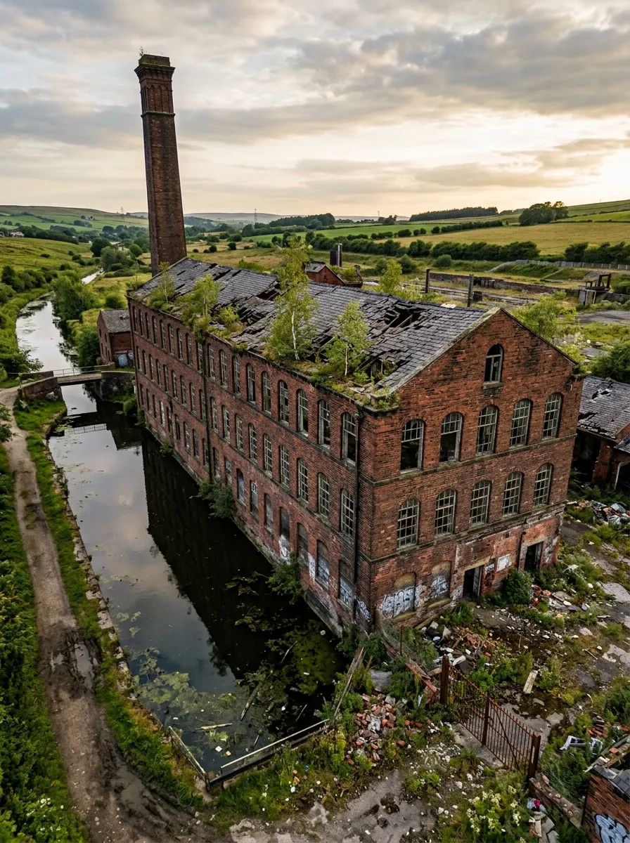 Before (AI concept): Aerial view of a three-storey red-brick mill beside a canal, with a tall square chimney, rows of arched windows with broken panes, a slate roof full of holes with birch trees growing from it, graffiti at ground level and a yard of rubble behind a rusty gate.