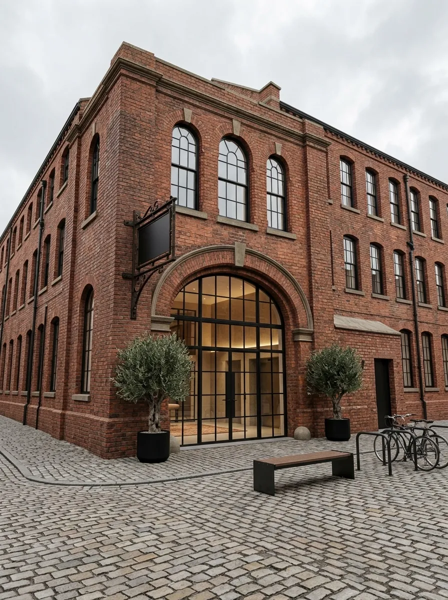 After (AI concept): The same corner with the arch fitted with a black steel-framed glass door and fanlight onto a lit lobby, restored arched windows, cleaned brick, the cast-iron bracket holding a plain black sign, relaid cobbles, olive trees in black planters, a bench and a bicycle rack.