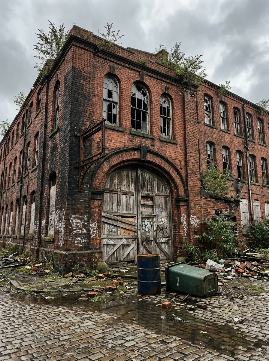 Before (AI concept): Ground-level view of the mill's corner entrance: a large brick arch filled with rotten boarded doors covered in graffiti, arched windows with smashed panes above, an empty cast-iron sign bracket, plants growing from the parapet, and a wet cobbled yard with rubble, an oil drum and a toppled bin.