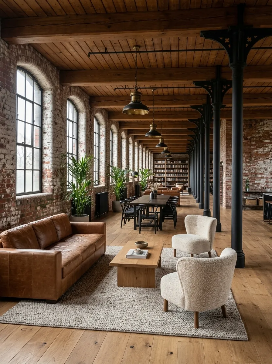 After (AI concept): The same floor with the timber ceiling cleaned, the columns painted black, arched windows in black steel frames, wide oak boards, a cognac leather sofa and two boucle armchairs on a wool rug, an oak coffee table, a long dining table with black chairs, tall plants, industrial pendants and a bookshelf at the far end.