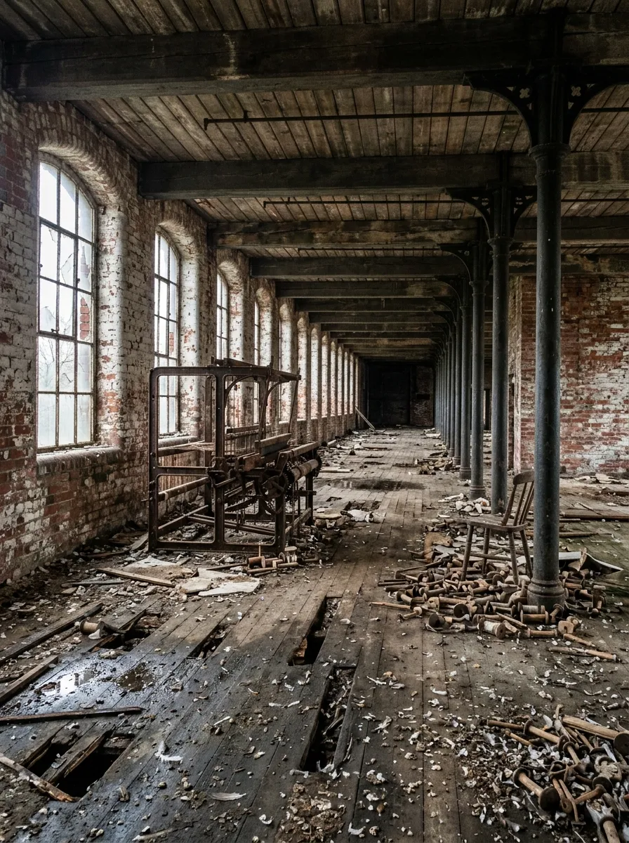 Before (AI concept): A long mill floor with two rows of cast-iron columns under timber beams and a plank ceiling, tall arched windows along the left wall, flaking whitewash on brick, a rusty loom frame, scattered bobbins, a broken chair and a holed wooden floor.